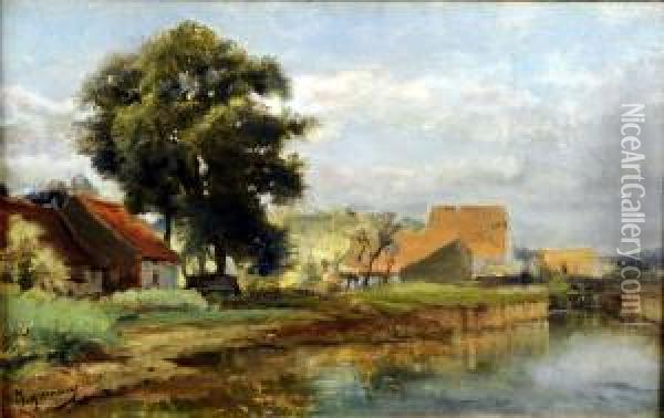Village Au Bord De L'ecluse Oil Painting - Joseph Quinaux