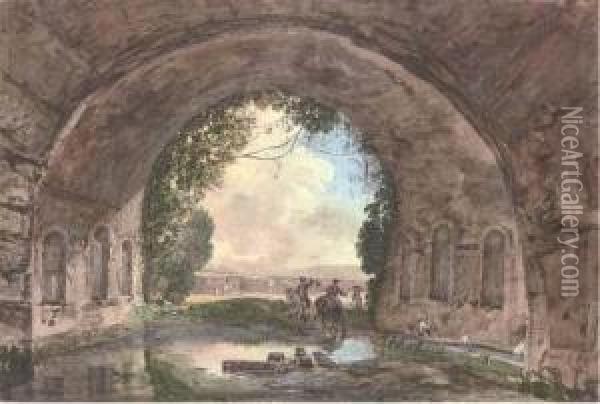 A Vaulted Spring With Two Gentlemen On Horseback And A Peasant Woman Washing Clothes Oil Painting - Jean-Pierr Houel