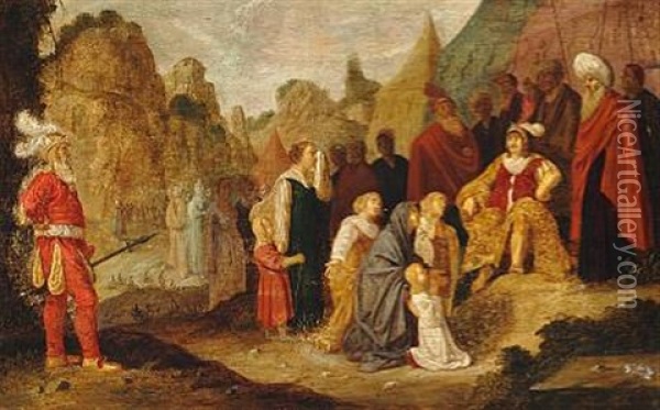 Two Religious Scenes. One With Women And Children Interceding With A Commander, The Other With A Procession Of People With Bulls And Garlands, That One From The Acts Of The Apostles 14: 11-18 (2 Works) Oil Painting - Rombout Van Troyen