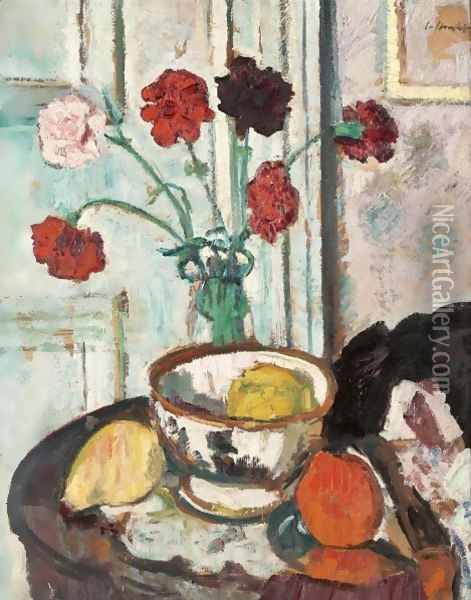 Still Life With Carnations And Fruit Oil Painting - George Leslie Hunter