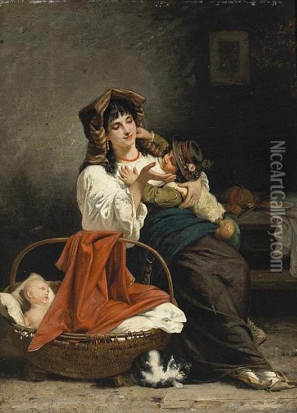 A Mother's Playful Touch Oil Painting - Guerrino Guardabassi