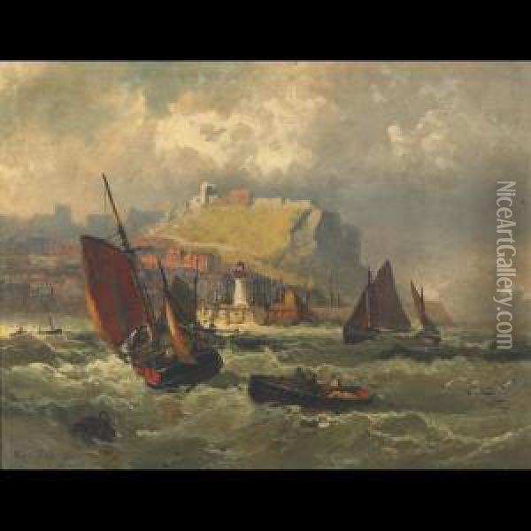 Coastal Scene With Fishing Boats In Stormy Waters Oil Painting - Robert Ernest Roe