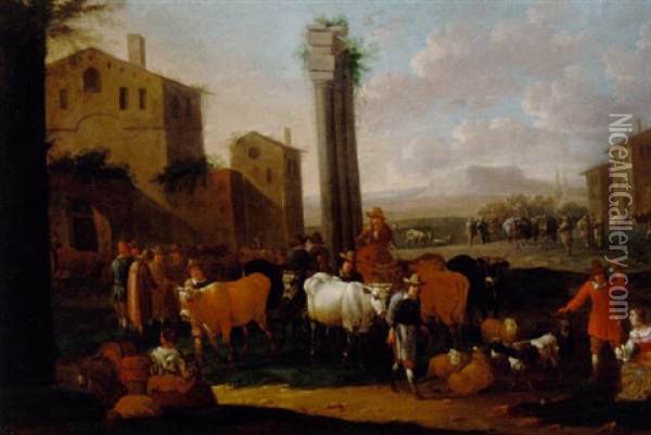 Drovers With Cattle In An Italianate Landscape Oil Painting - Antoon Goubau
