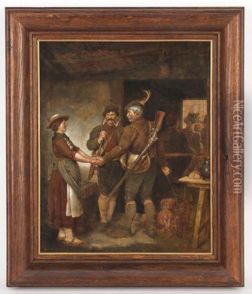 An Interior Scene Showing A Hunter's Farewell Oil Painting - Franz Von Defregger