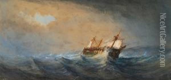 Fishing Boats Off A Coast Oil Painting - John Robert Mather