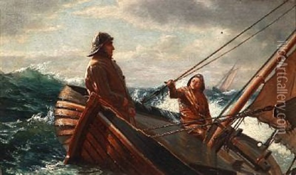 Seascape With Two Fishermen In A Boat In Tall Waves Oil Painting - Carl (Jens Erik C.) Rasmussen