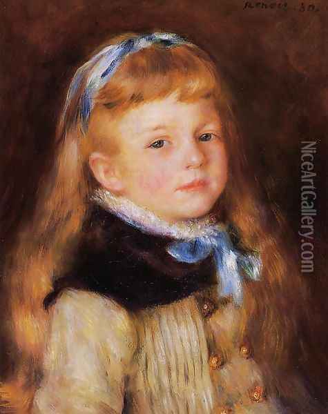 Mademoiselle Grimprel in a Blue Ribbon Oil Painting - Pierre Auguste Renoir