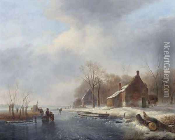 Figures skating on a frozen river Oil Painting - Johannes Matthijs Hoogbruin
