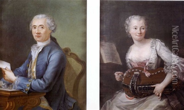 Portrait De Mademoiselle Perrache? (+ Portrait De Jean Philibert Pre Du Machard?; Pair) Oil Painting - Donat Nonotte