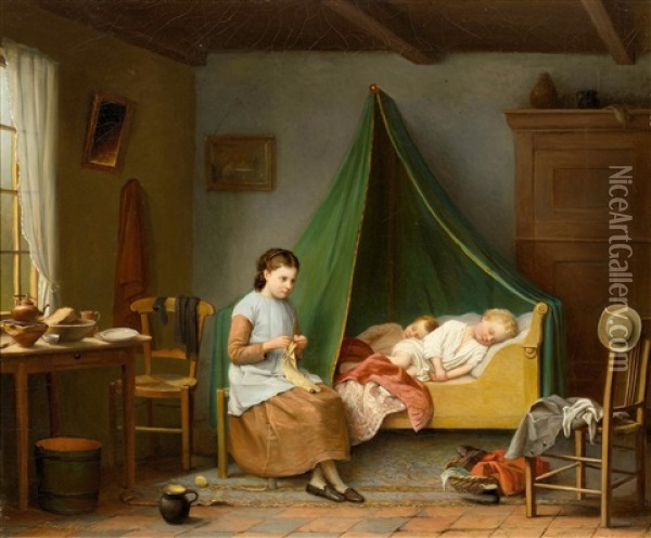 A Knitting Girl And Sleeping Children In An Interior Oil Painting - Sophia de Koningh
