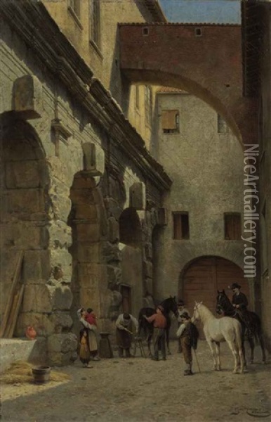 A Blacksmith Fitting Horseshoes In A Roman Courtyard Oil Painting - Jacques Francois Carabain