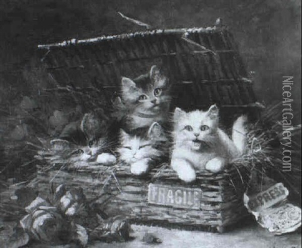 Spielende Katzen In Einem Bastkorb... Oil Painting - Leon Charles Huber