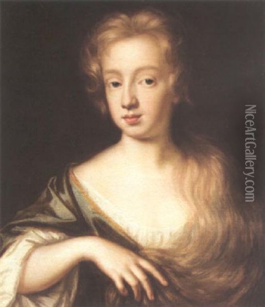 Portrait Of A Lady Wearing A Grey Dress And Blue Robes Oil Painting - Mary Beale