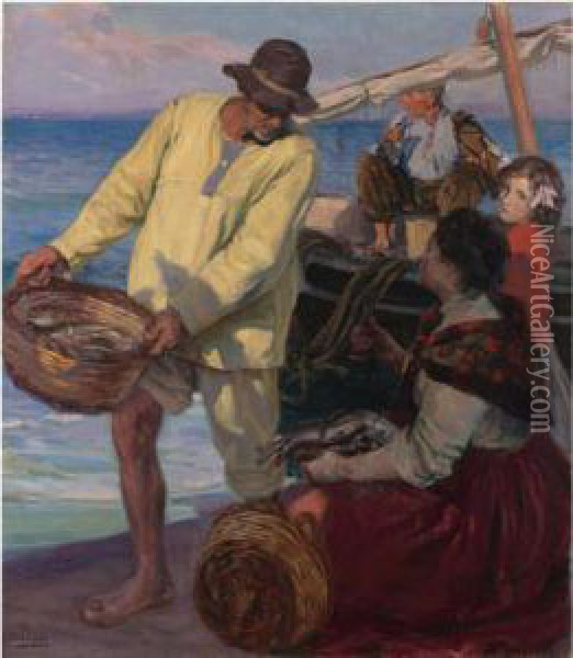 La Vuelta De La Pesca (the Return Of The Fishermen) Oil Painting - Jose Mongrell Torrent