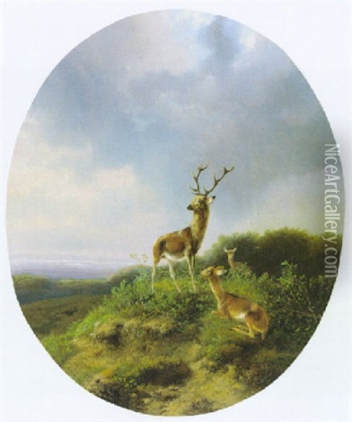 Hertenfamilie In Een Landschap Oil Painting - August Knip