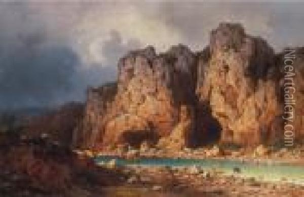 Landscape Of A Riverside With A Fortress Oil Painting - Antal Ligeti