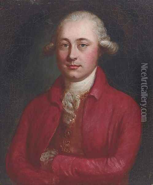 Portrait of a gentleman, small bust-length, in a red jacket and brown waistcoat Oil Painting - Hoare, William, of Bath