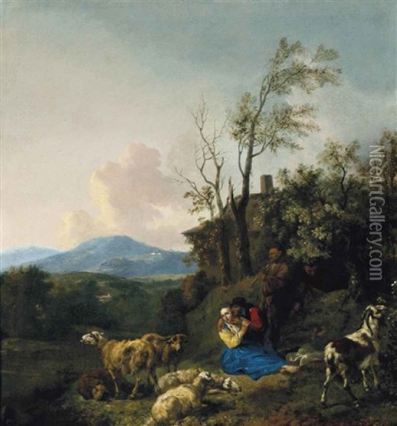 Shepherds And Their Flock In A Wooded Landscape Oil Painting - Hendrick Mommers