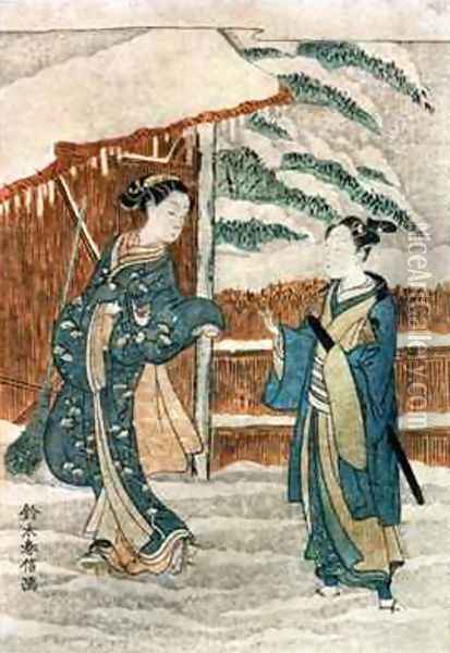 Two Ladies by a pond Oil Painting - Suzuki Harunobu