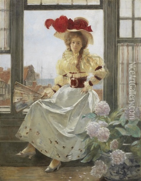 Portrait Of A Lady, By A Window Sill Oil Painting - Francois Flameng