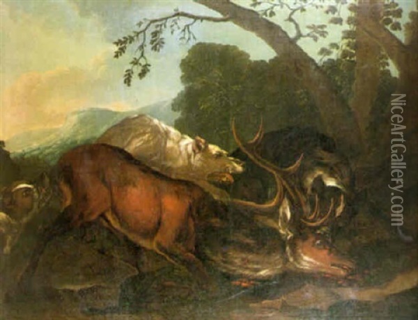 Hounds Attacking A Stag In An Italianate Landscape Oil Painting - Johann Melchior Roos