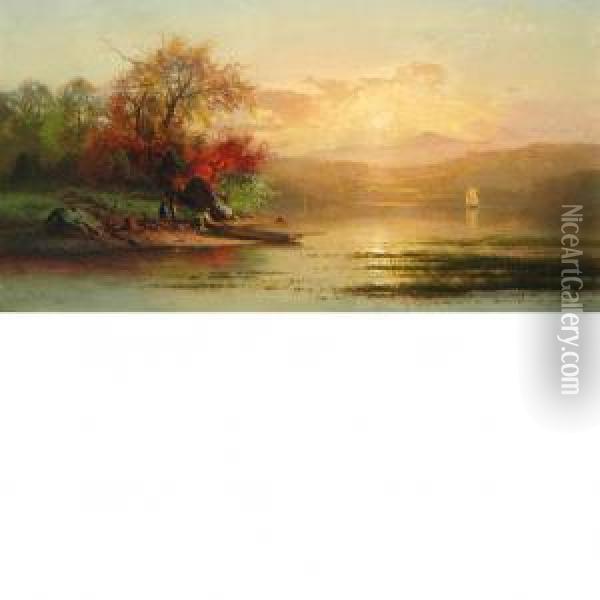 Autumn Sunset Over A Lake Oil Painting - Arthur Parton