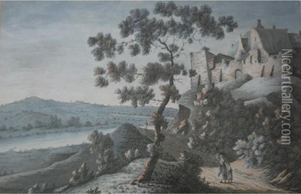 Countryfolk On A Path Beneath A Walled House Oil Painting - Samuel Hieronymus Grimm