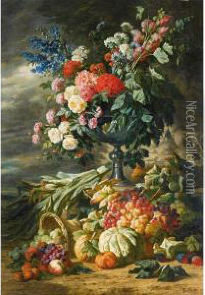 Vase De Fleurs Et Fruits D'automne Oil Painting - Lucas Schaefels