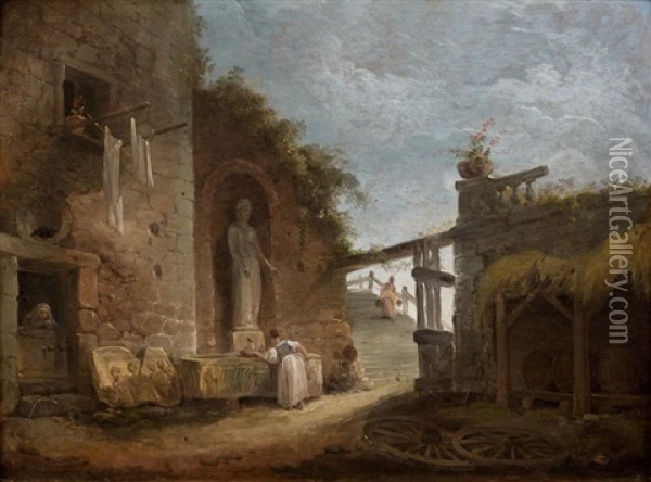 Femme A La Fontaine Dans Une Cour De Ferme Oil Painting - Hubert Robert