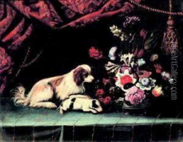 Vaso Di Fiori Con Cani Oil Painting - Antonio Gianlisi The Younger