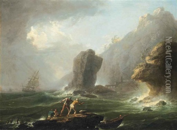 A Stormy Coastal Landscape With Fishermen Pulling In Their Nets Oil Painting - Francesco Fidanza