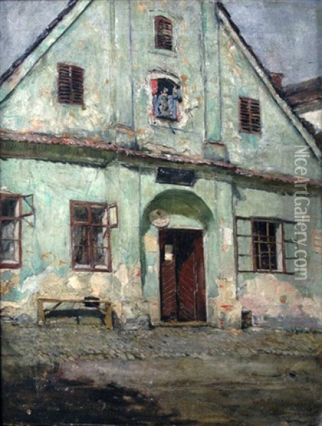 In Front Of Town Hall In Oderberg (+ View Of Town Hall In Oderberg, Lrgr; 2 Works) Oil Painting - Emmanuel Bachrach-Baree