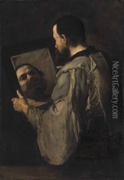 A Philosopher Holding A Mirror Oil Painting - Jusepe de Ribera