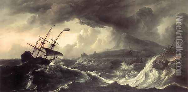 Ships Running Aground In A Storm 1690s Oil Painting - Ludolf Backhuysen