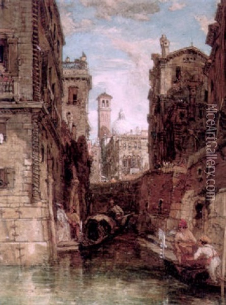 Gondols And Figures On A Venetian Canal, The Campanile And San Marco Beyond Oil Painting - James Holland