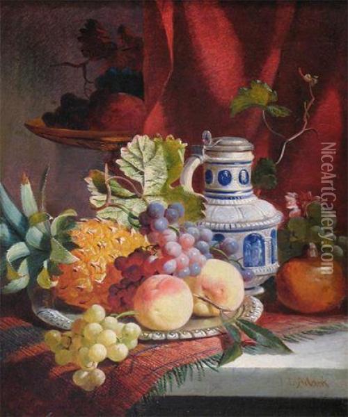 Still Life Of Fruit And A Stoneware Vase On A Ledge Oil Painting - Joseph Denovan Adam