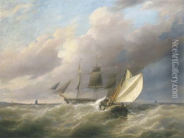 On A Choppy Sea Oil Painting - Johannes Frederick Schuetz