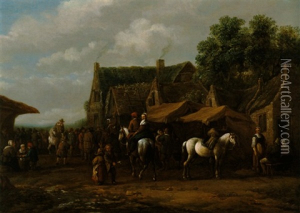 Reiter Und Bauern In Einem Hollandischen Dorf Oil Painting - Barend Gael