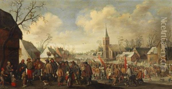 Ansicht Eines Winterlichen Dorfes Mit Dem Festzug Des St. Valentin Oil Painting - Joost Cornelisz. Droochsloot