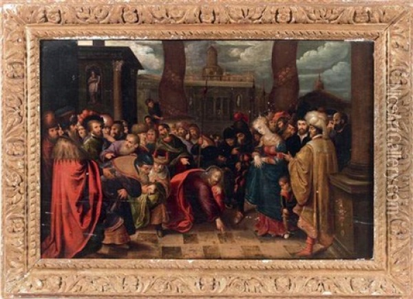 Le Christ Et La Femme Adultere Oil Painting - Louis de Caullery