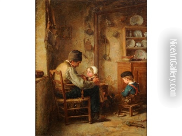 Age And Innocence, Cottage Interior With Children And Their Grandfather Oil Painting - Pierre Edouard Frere