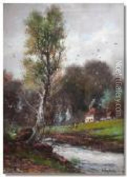 Andscape Scene With Stream In The Foreground And Winter Scene Oil Painting - Abraham Hulk Jun.