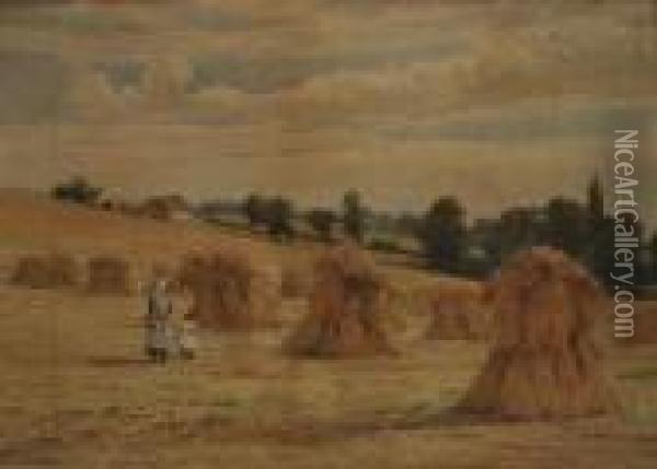 Children Walking Amongst Haystacks In A Summer Landscape Oil Painting - Edward Alfred Angelo Goodall