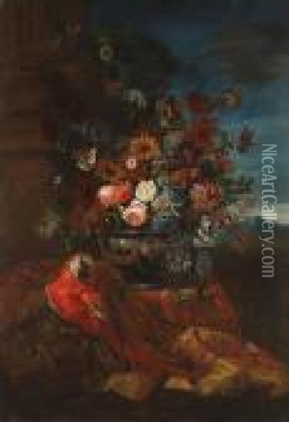 Flowers In A Basket, By A Terracotta Urn Oil Painting - Pier Francesco Cittadini Il Milanese