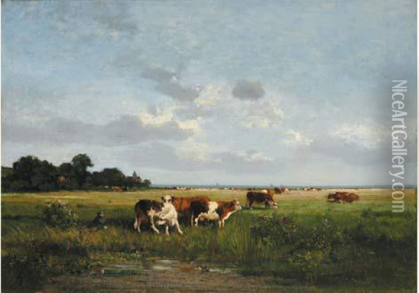 Le Troupeau De Vaches En Normandie, Circa 1875 Oil Painting - Alexandre Defaux