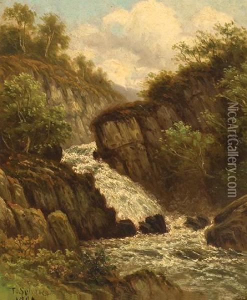 Waterfall In A Rocky Landscape Oil Painting - Thomas Spinks