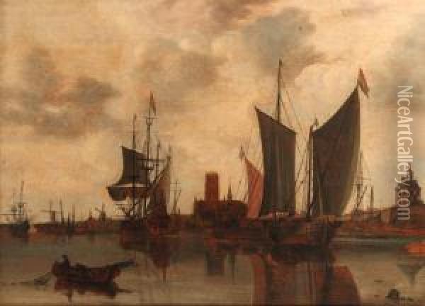 A View Of Rotterdam With Moored Sailing Vessels In The Harbour, Thelaurenskerk, Oude Hoofdpoort And Kruithuis Beyond Oil Painting - Claesz Jansz Van Der Willigen