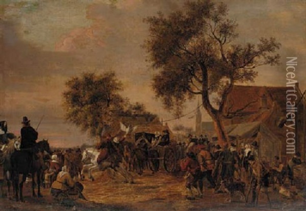A Village Fair With A Carriage, Travellers And Peasants Oil Painting - Cornelis Beelt