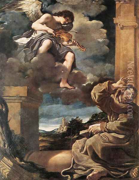 St Francis with an Angel Playing Violin Oil Painting - Giovanni Francesco Barbieri