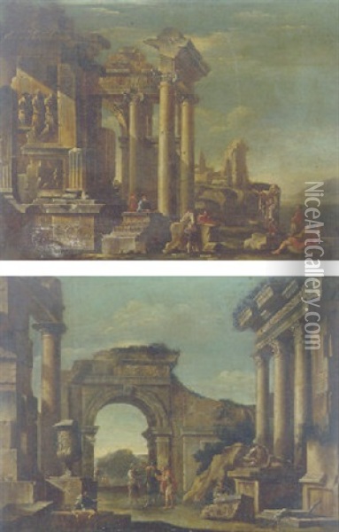Capricci Of Classical Ruins With Philosophers And Solders Discoursing Oil Painting - Giovanni Ghisolfi